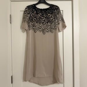 BCBGMAXAZRIA Embroidered Feather Shift Dress Beige Black XS
